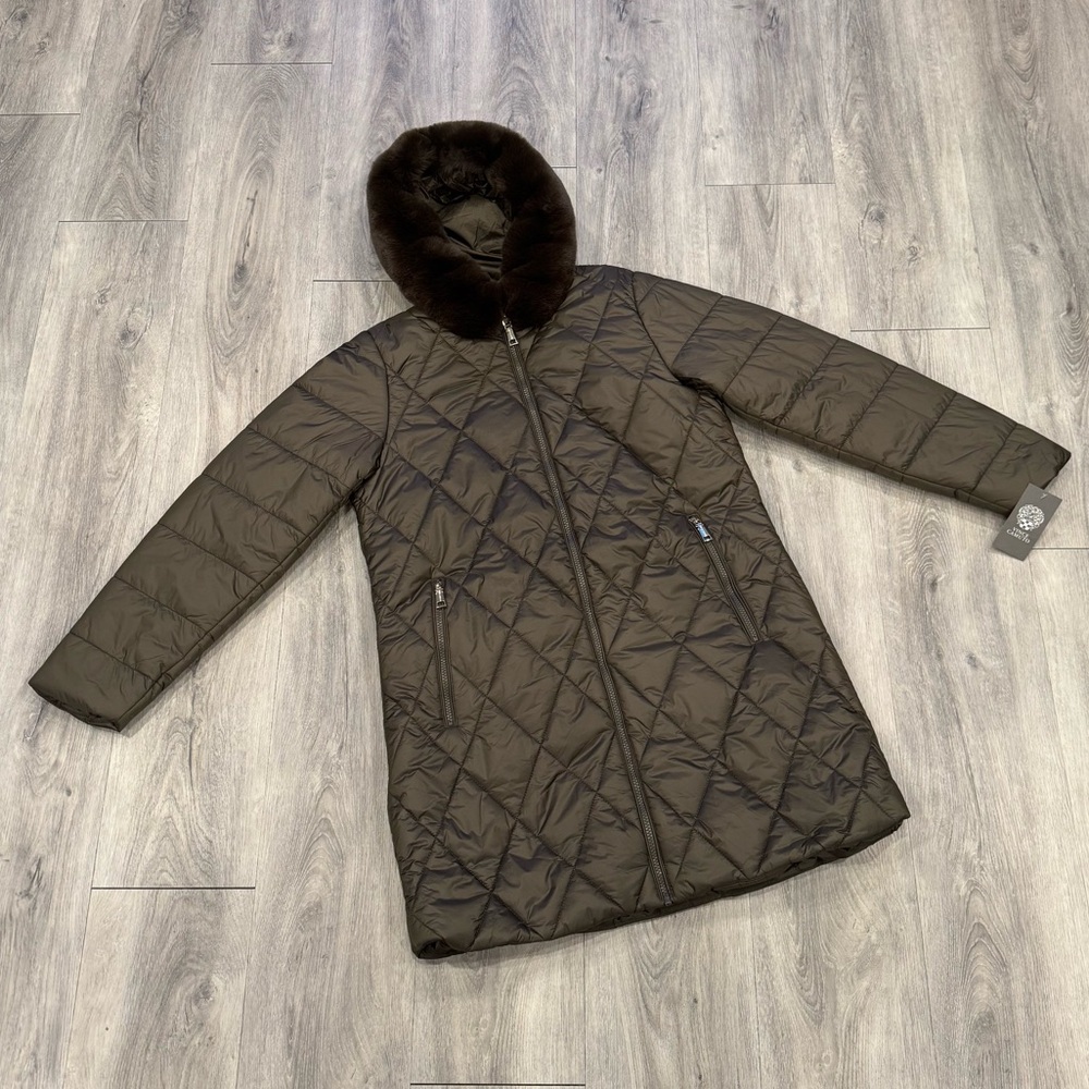 Vince Camuto Olive Green Faux Fur Quilted Puffer Jacket with Gold Hardware